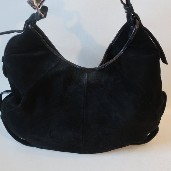 Authentic YSL Yves Saint Laurent Black Suede Mombasa Silver Horn Hobo Handbag - Picture 5 of 16